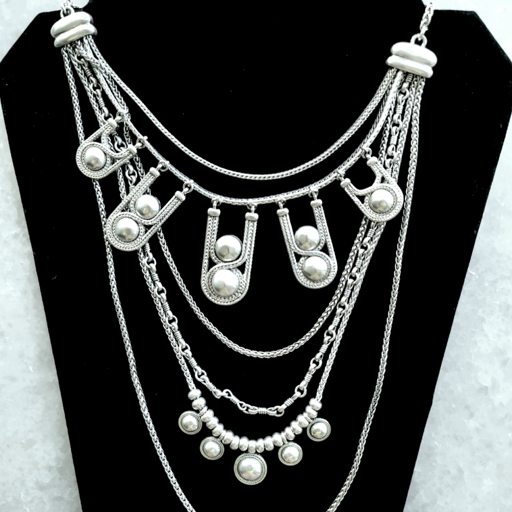 LUCKY BRAND SILVER TONE SEMIPRECIOUS ACCENTS MULTI CHAIN LAYERED NECKLACE